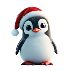 cute 3d cartoon illustartion of christmas penguin wearing Santa hat, isolated