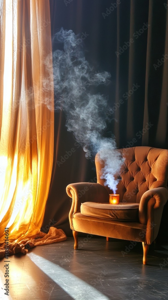 Poster soft fog in dimly lit room with drapes and candlelight