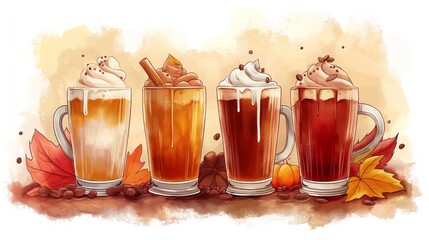 Fall inspired coffee beverages with seasonal additives and autumn leaves for cozy culinary delights