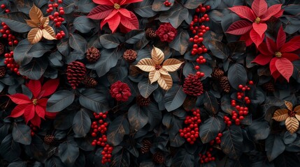 Festive evergreen arrangement with scarlet poinsettia and pine cones for holiday decor