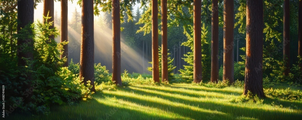 Poster Serene Pine Forest with Sunlight Filtering Through Trees