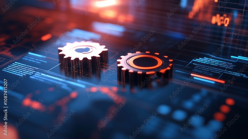 Poster high-tech visual of digital gears on a virtual interface, symbolizing concepts of automation, engine