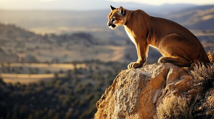 Majestic cougar perched on a rock, overlooking a scenic landscape at sunset.