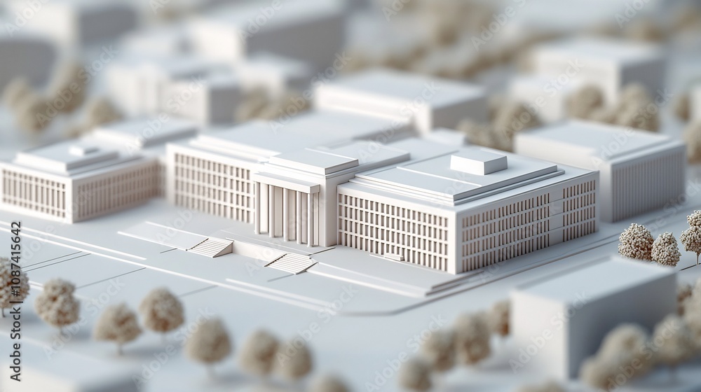Poster detailed 3d model of a sleek and sophisticated high tech commercial building with intricate contempo