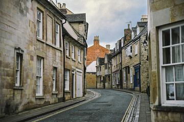 Beautiful English Street in Stamford with Lincolnshire Limestone Houses and Buildings in the Autumn, quintessential town and city in England