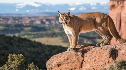 Majestic cougar standing on a rocky outcrop overlooking a vast mountain landscape.