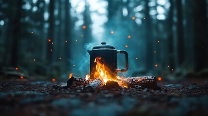 A coffee pot sits atop a lively campfire, set in a tranquil forest atmosphere, with sparks rising into the air, capturing the essence of outdoor adventure and peace.