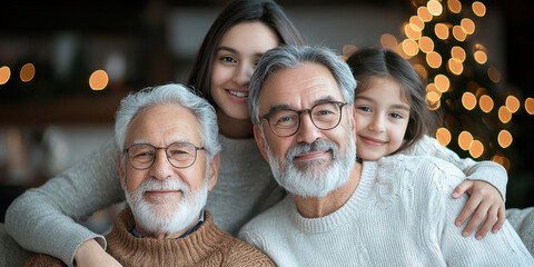 A generational family elderly concept. Family portrait with grandparents, parents, and a child smiling together.