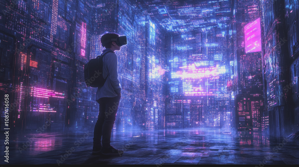 Poster young developer exploring virtual reality worlds with headset in a futuristic digital environment fu