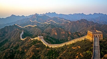 Fototapeta premium Majestic Great Wall of China winding through mountains at sunset.