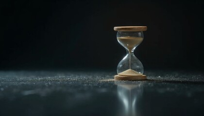 A sand timer is sitting on a table on dark background with copy space