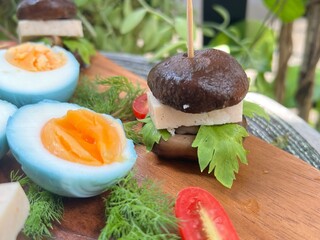 Mushroom burger with Blue boiled egg and mixed salad