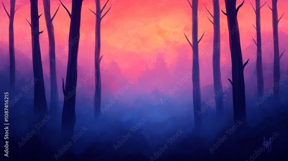 Poster digital painting of a mysterious forest at twilight with a soft mist and glowing orbs creating a ser