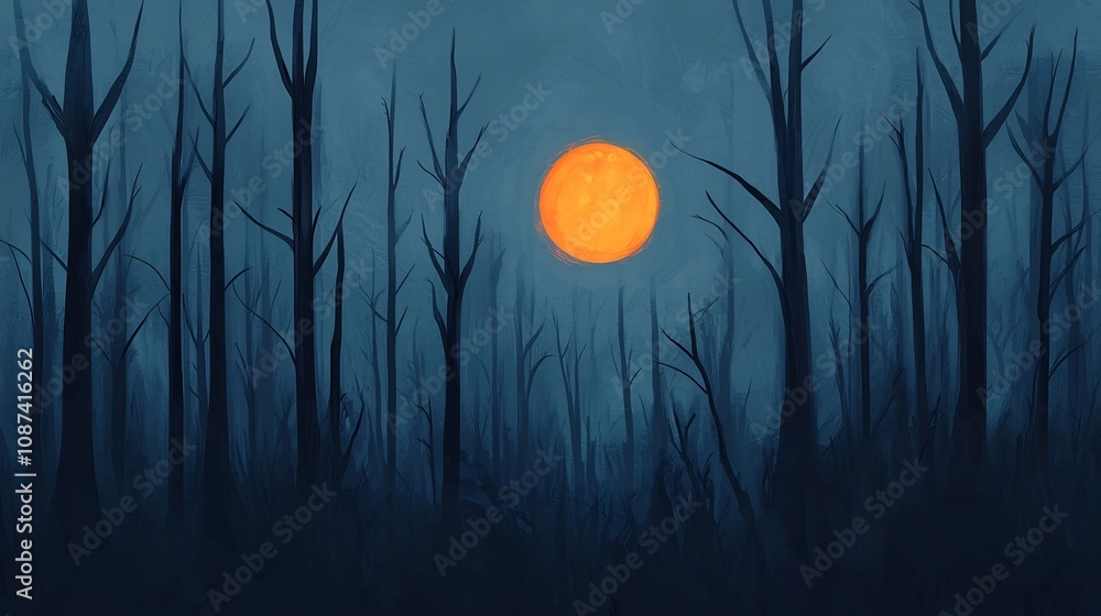 Poster digital painting of a mysterious forest at twilight with a soft mist and glowing orbs illuminating t