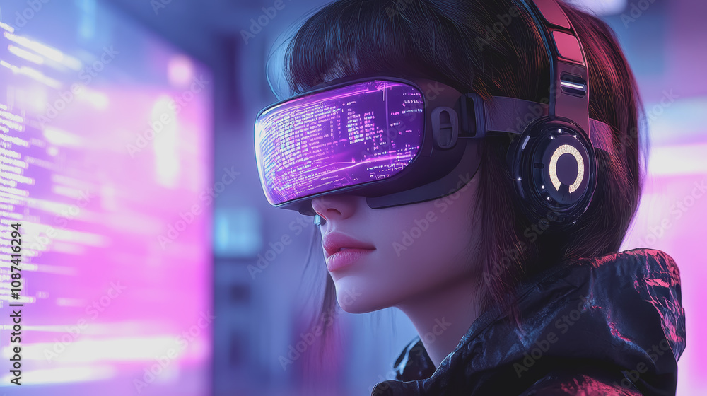 Poster young developer in vr headset exploring virtual world with futuristic graphics and immersive technol