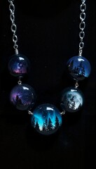 Night sky glass beads with forest designs on a dark background
