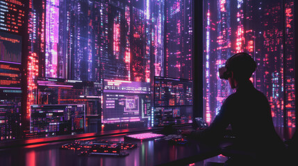 Young Developer with VR Headset Exploring Virtual World, Surrounded by Colorful Data Streams and Futuristic Visuals in Digital Environment