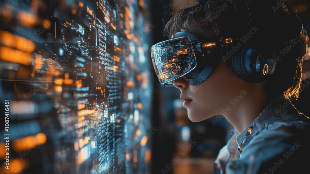 Poster young developer in vr headset exploring virtual environments and innovative technologies, immersed i