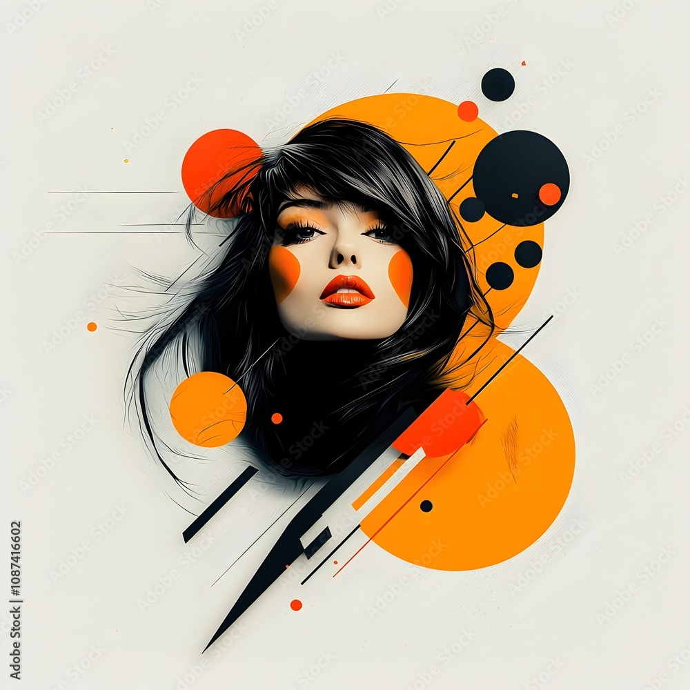 Poster captivating retro pop art portrait of alluring female figure with dynamic gestures and psychedelic m