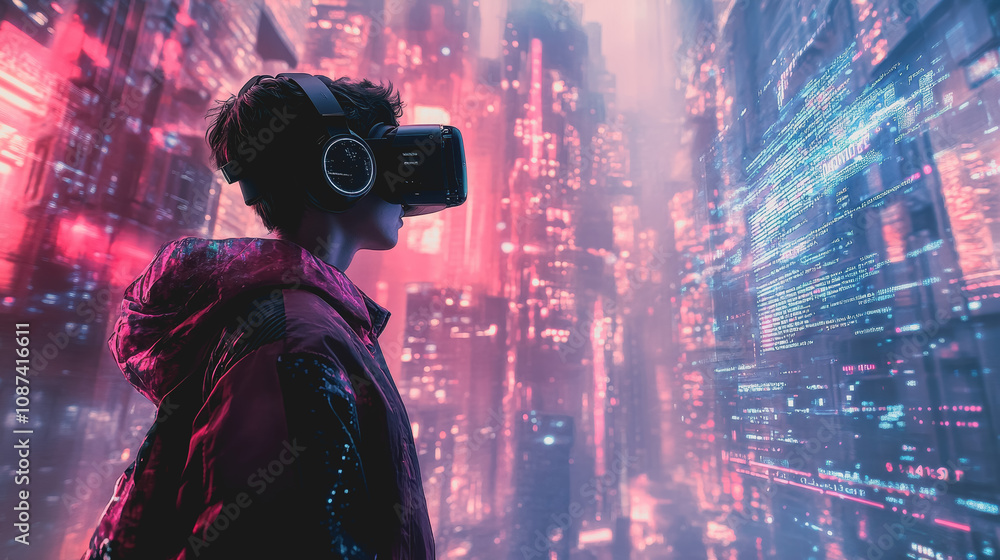 Aufkleber young developer discovering a dynamic virtual environment with vr headset in a futuristic cityscape 