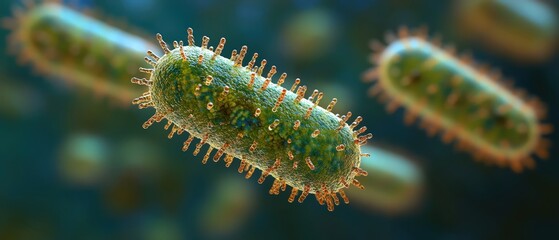 Naklejka premium Bacteria closeup, intense colors, microscopic 3D render, scientific