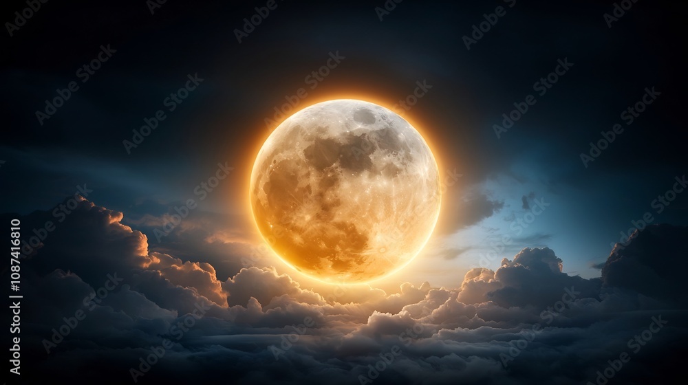 Poster dramatic and captivating image of the moon peeking through fast moving clouds creating a striking co