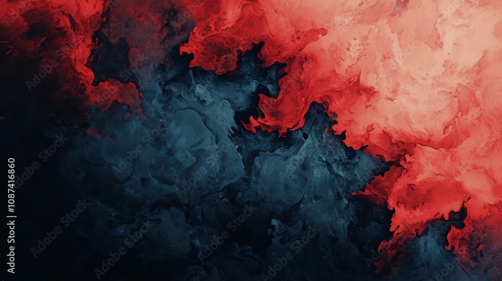 Poster dramatic and moody abstract digital painting featuring layered textures and deep intense colors that