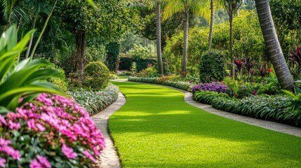 Serene Garden Pathway with Vibrant Flowers
