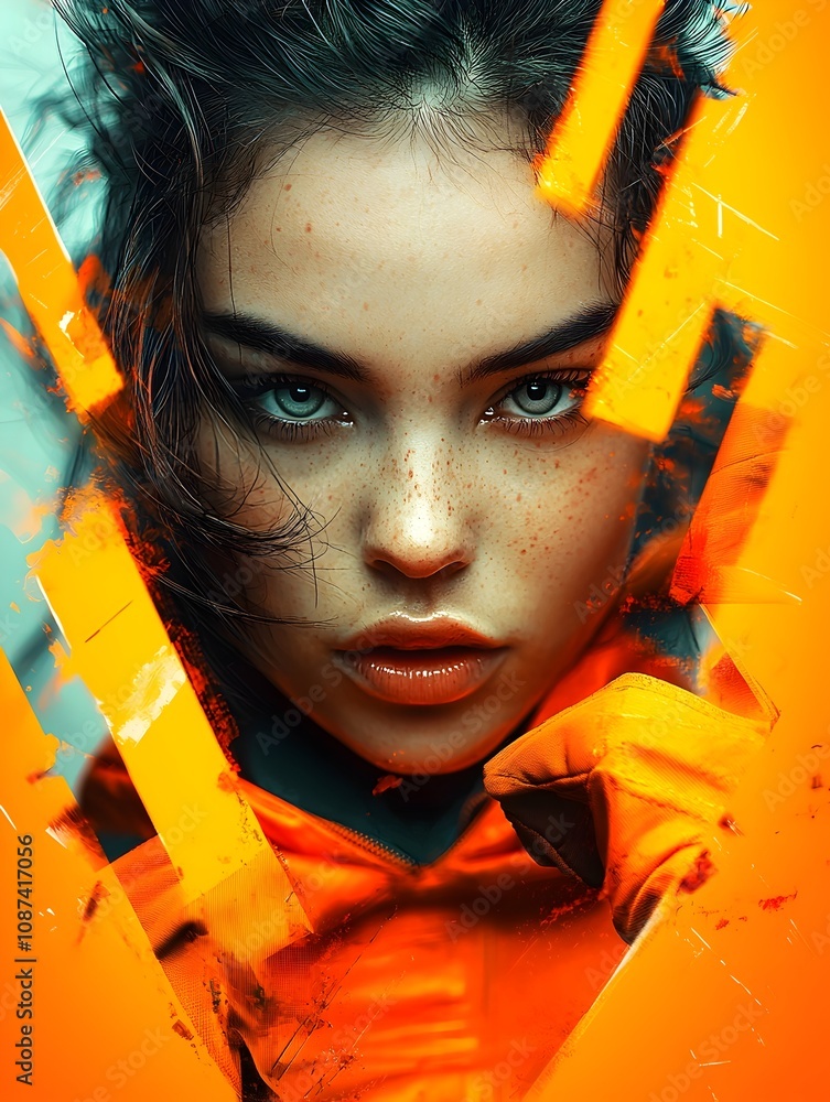 Poster retro pop art woman with alluring expression and dynamic graphic gestures in neon infused color sche
