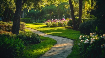Obraz premium Serene Garden Pathway Surrounded by Flowers