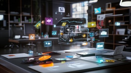 Modern office workspace with digital interface overlay showing data, charts, and icons.