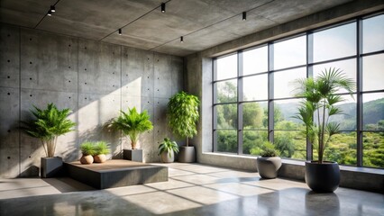 Modern interior design with potted plants against a backdrop of a large window overlooking a lush green landscape.