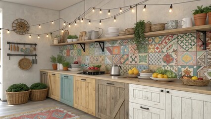 Bohemian kitchen featuring colorful tile backsplash and vintage decor