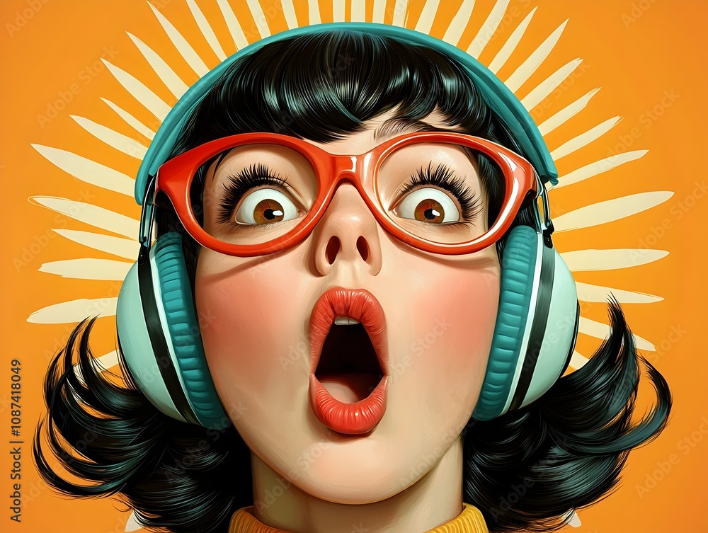 Poster retro pop art woman with a spectrum of captivating animated facial reactions depicted in a dynamic g