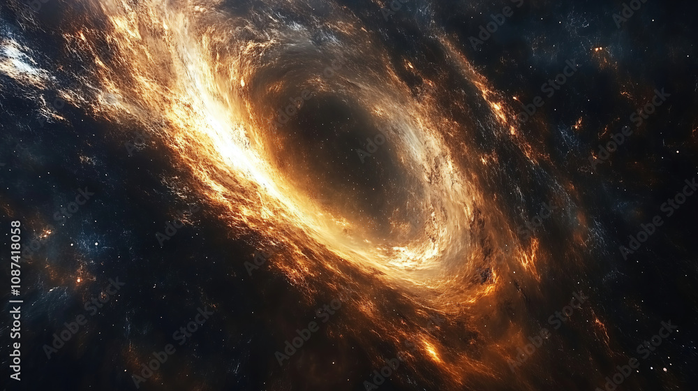 Poster a breathtaking view of a swirling galaxy with bright orange and yellow hues set against a dark cosmi
