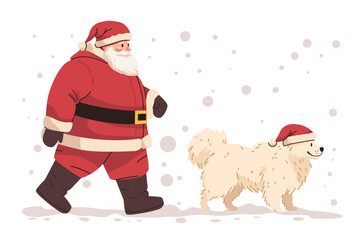 Santa Claus walking fluffy dog winter scene snowflakes festive red suit hat boots white background holiday theme