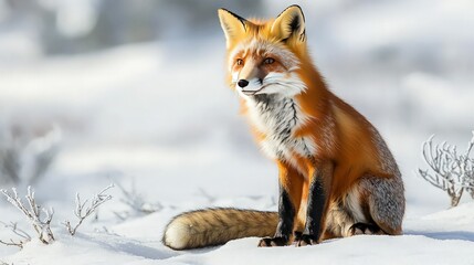 Fototapeta premium Red fox sitting in snowy winter landscape.