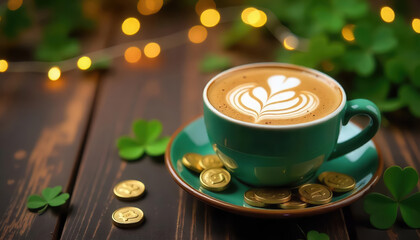 Obraz premium Delightful coffee art lucky horseshoe design and gold coins cozy cafe food photography warm ambiance close-up creative presentation