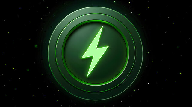 Green neon lightning bolt, glowing sign. Neon battery charging power symbol, lightning bolt sign in the circle.