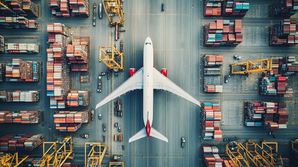 Airplane Above Cargo Containers at a Busy Airport