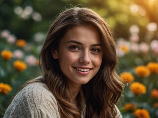 Obraz premium Elegant Blonde Woman with Flowing Dark Brown Hair Smiling Gracefully in a Bright Flower Garden, Illuminated by Natural Daylight, Capturing Serenity and Beauty
