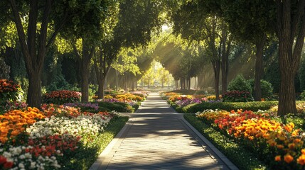 Obraz premium Serene Pathway through Vibrant Flower Park