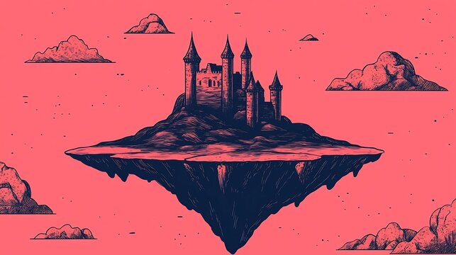 Enchanting floating castle landscape with rolling hills and clouds in a digital sketch style the essence of a magical fantastical world