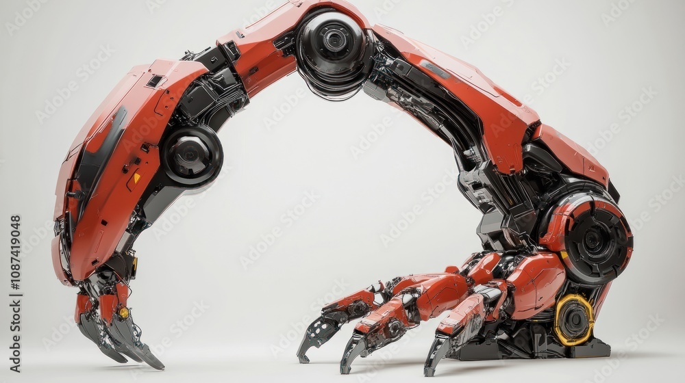 Poster a detailed render of a robotic arm in red and black