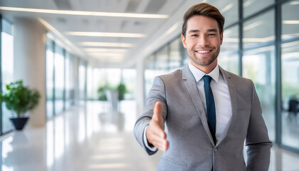 Realtor man extends his hand for a handshake while standing in a modern office corridor with large windows and a bright interior. Real estate background.