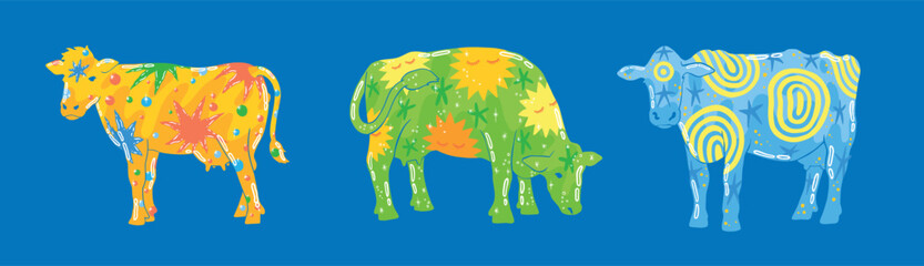 Doodle cow. Cute milk cattle, domestic farm animal. Happy dairy graphic, abstract funny calf character. Colorful pattern contemporary mammal. Vector trendy design cartoon isolated set