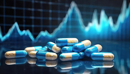 Capsules in focus against a backdrop of a dynamic biotech stock index signify a robust healthcare market. Pharmaceutical business. Development of new medicinal pills.