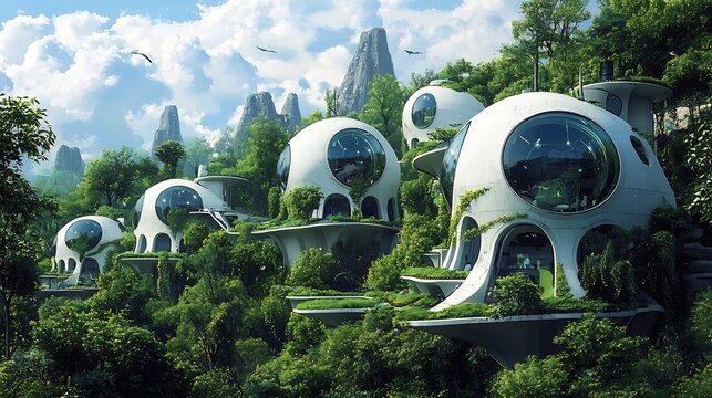 Futuristic eco friendly residential neighborhood with domed spherical buildings powered by solar and geothermal energy surrounded by lush greenery and natural landscapes  Innovative sustainable