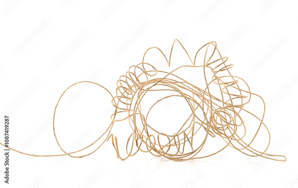 Wall mural abstract line of paper covered craft wire isolated on white background. tangled paper string with in