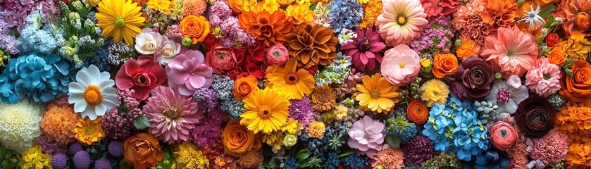 Flower market abundance, rich colors, variety of blooms, wide shot, fragrant display